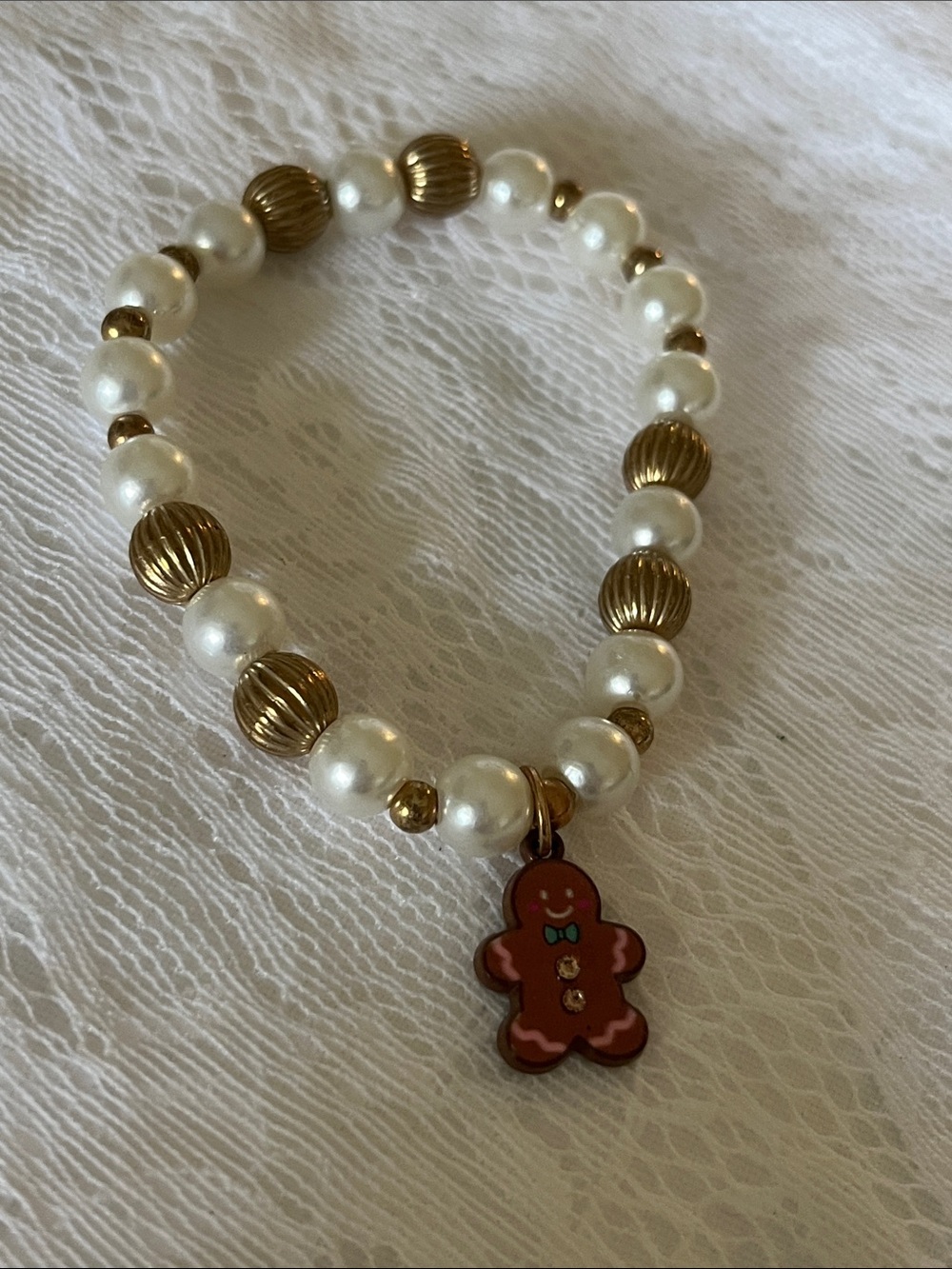 Faux Pearl & Gold Bead Bracelet with Gingerbread Charm - White and Gold